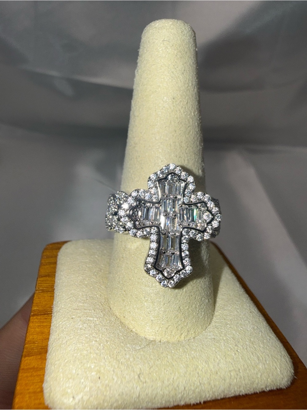 Size 10 Silver Filled AAA CZ Cross Ring with Iced Out Cuban Band